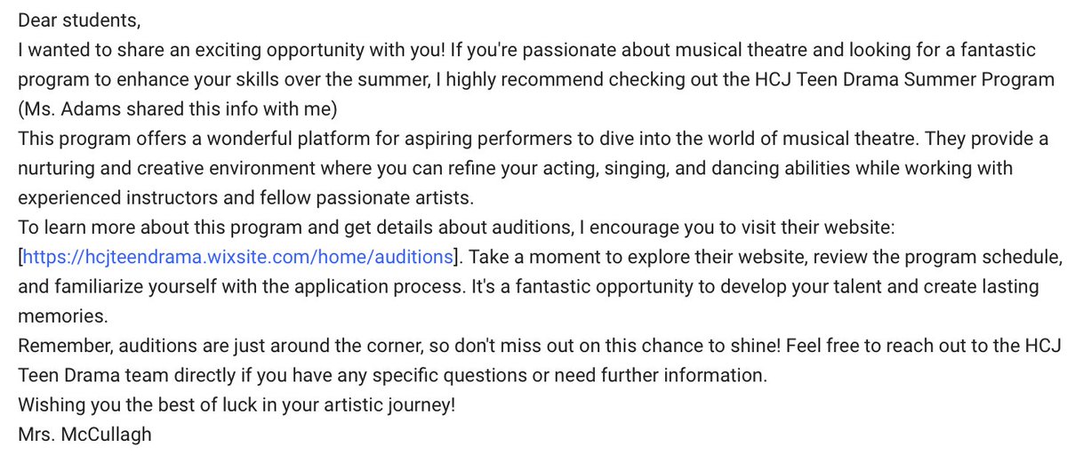 ms202chorus's tweet photo. Dear students,
Check out the following summer musical theatre opportunity shared by Ms. Adams  :) 

https://t.co/Aw910WsxYD https://t.co/elWhAF3ghw