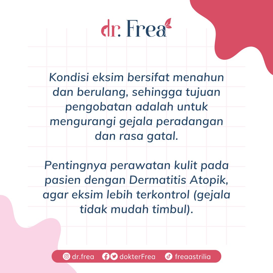 dokterFrea's tweet photo. Setelah kita mengenal tentang apa itu kulit eksim dan gejala-gejalanya, tentu kita ingin tahu bagaimana cara merawat kulit eksim yang baik dalam keseharian di rumah. Untuk itu kita lihat postingan di atas ya!

#eksim #gejalaeksim #perawataneksim #perawatakkulit #dermatitisatopik https://t.co/ZDoimfMXJ2