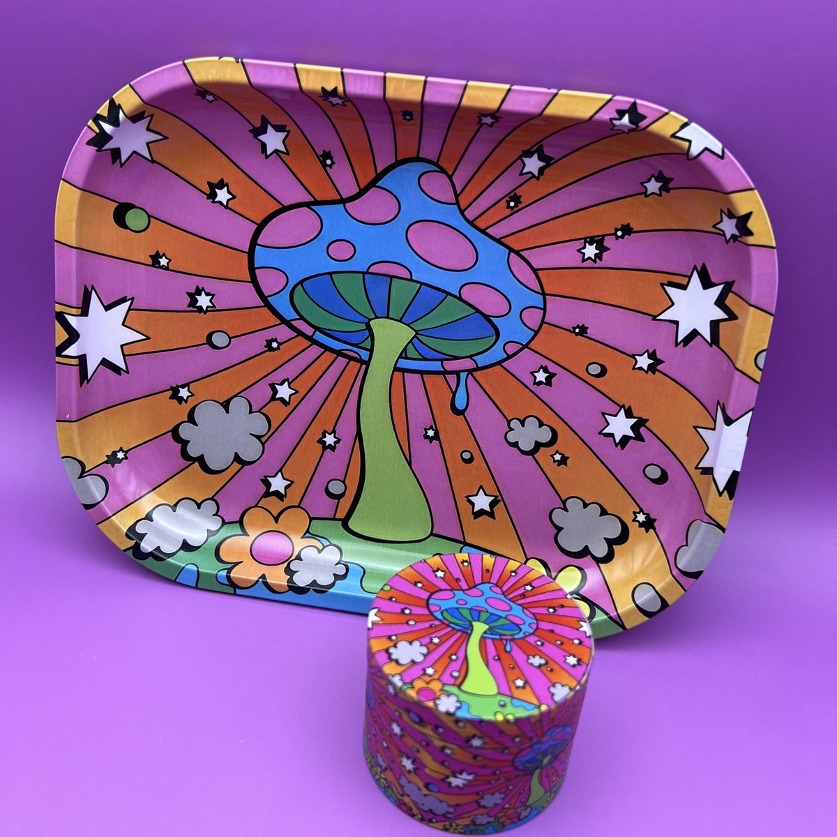 Rolling Tray and Grinder Kit | Mushroom Psychedelic Set Gift Box etsy.me/3BPM5oI #pink #birthday #purple #mothersday #cutetraygrinder #resinrollingtray #beautifulmetaltray #giftsetforher #traygrinderset