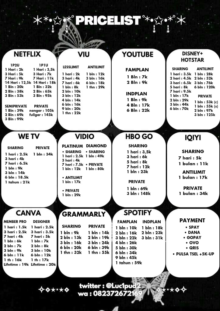 langsung order ya

haii! <a href="/Luc1pud2/">ShyLucypud༊ || CLOSE || viu netflix prem zonauang</a> jual app premium nih, yuk langsung dm atau ke wa wa.me/6282372672169

Netflix Viu Youtube yt Disney+ hotstar We tv Vidio Hbo go Iqiyi Genflix Bstation Amazon prime video Spotify Resso Canva Grammarly Microsoft 365 Scribd Wattpad Vsco x