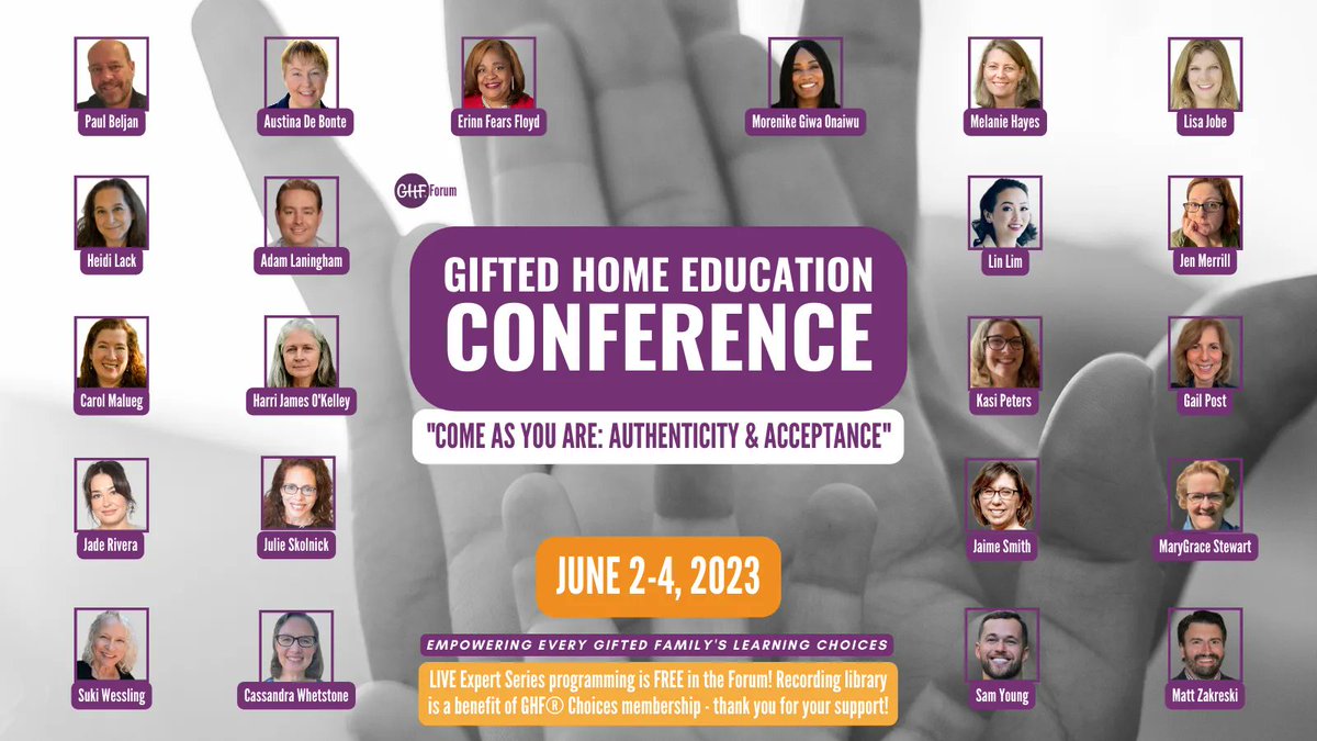 📣  #GiftedHomeEd lineup LIVE/FREE in the GHF Forum Jun 2-4! This yr's theme, Come As You Are: Authenticity & Acceptance - let's all empower our #gifted #educational choices - #homeschool, #publicschools, #neurodivergent #2e - you belong here! Info & RSVP: ghflearners.org/choices/ghf-co…