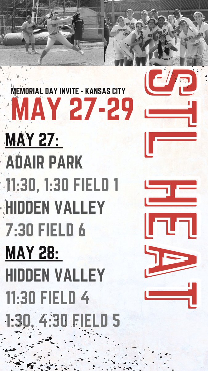 this weekend the heat takes on the memorial day invite in Kansas City, MO!! come support our girls and watch some softball!