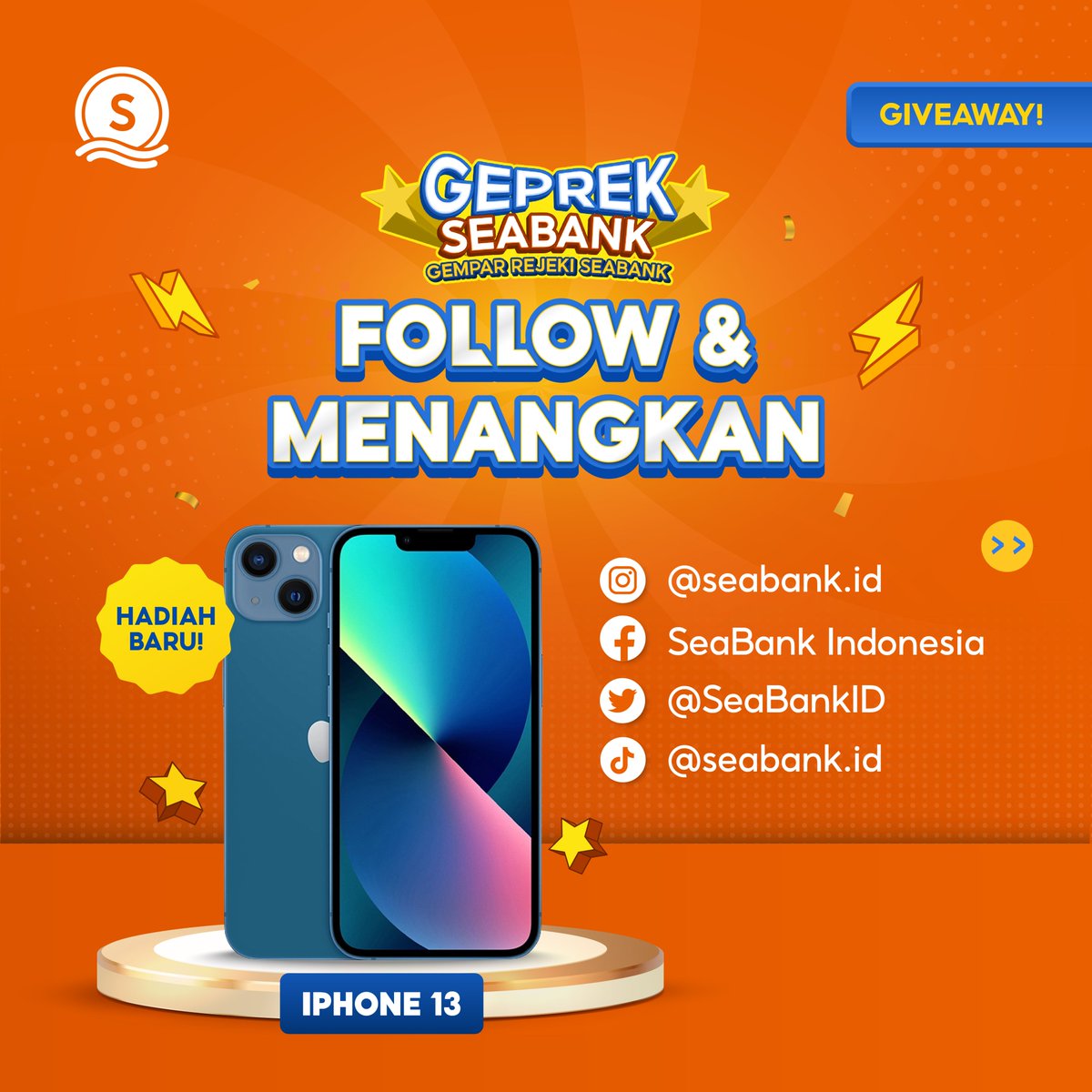 SeaBankID's tweet photo. 🌟GIVEAWAY IPHONE 13 #GEPREKSEABANK 🌟

Yuk cek dan ikuti S&amp;K berikut:
1. FOLLOW semua media sosial SeaBank Indonesia,
2. REPLY username IG, FB, TW, TT &amp; TAG 1 teman kamu!

Info selengkapnya bisa cek di slide kedua!😊
#Giveaway #SeaBankID https://t.co/sdYmcKuc9a