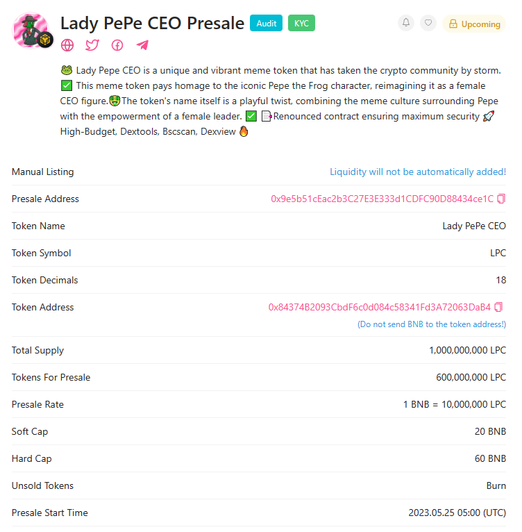 ✅We have completed KYC and Audit successfully.
✅Presale : 2023.05.25 05:00(UTC)
✅Check more info here 👇🏻
pinksale.finance/launchpad/0x9e…
#Pepe #Ceo #Lady #LPC