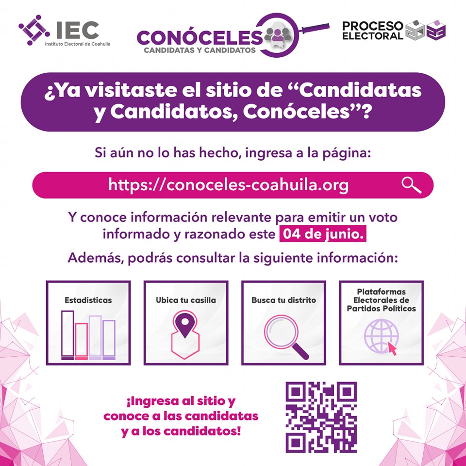 IEC_Coahuila's tweet photo. ¡Este #4deJunio emite un📷voto libre y razonado! 

Por ello, el IEC desarrolló el sistema "Candidatas y Candidatos, Conóceles", para que conozcas a las Candidaturas que participan en las elecciones en #Coahuila.

Visítalo: https://t.co/ZMvhNsyAoo https://t.co/Oh7o4hUAnD