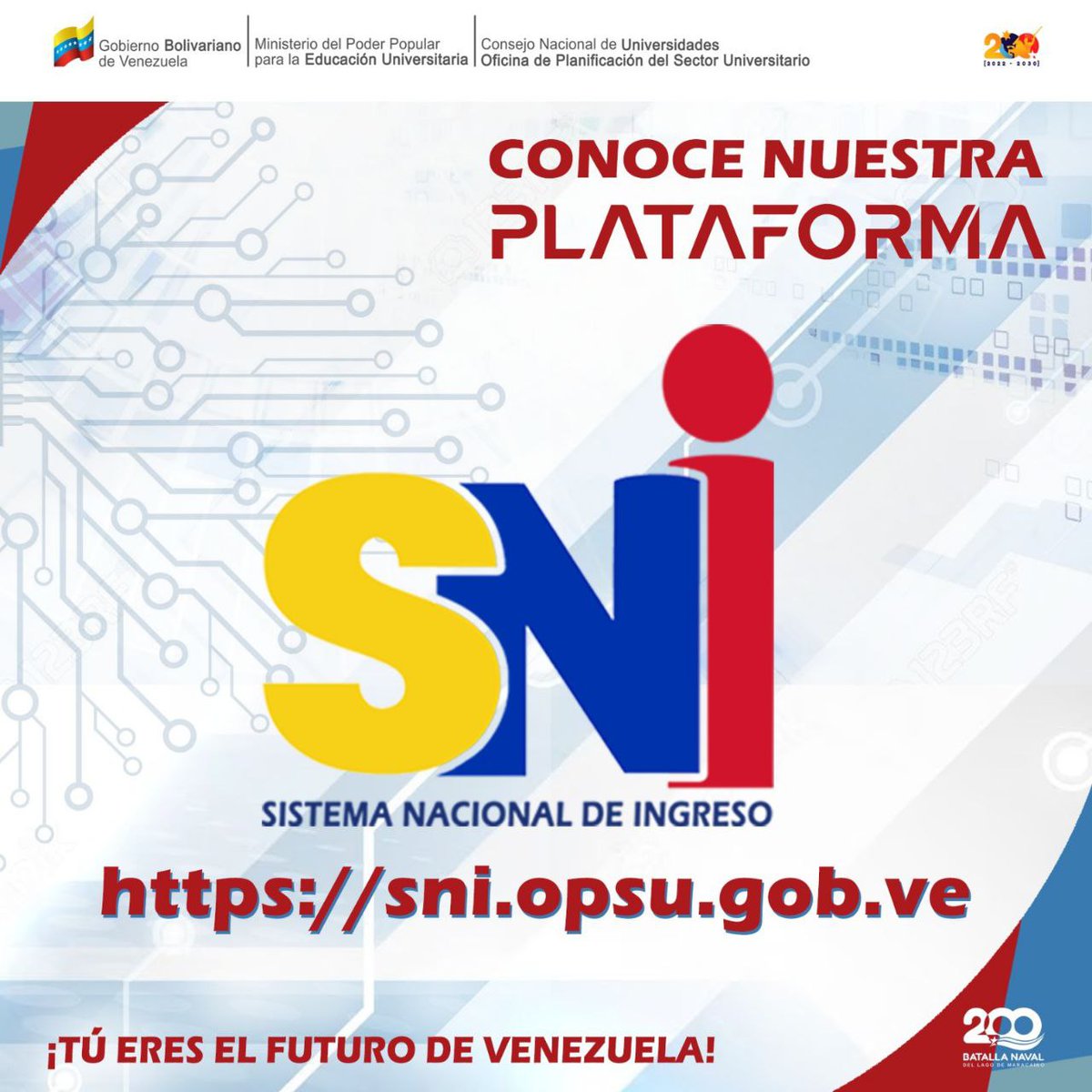 El Gobierno Bolivariano pone a tu disposición la plataforma del Sistema Nacional de Ingreso (SNI), una herramienta que facilita el ingreso a la educación universitaria pública, gratuita y de calidad.

Regístrate ➡️ sni.opsu.gob.ve

<a href="/NicolasMaduro/">Nicolás Maduro</a>

#ConMaduroMásEducación