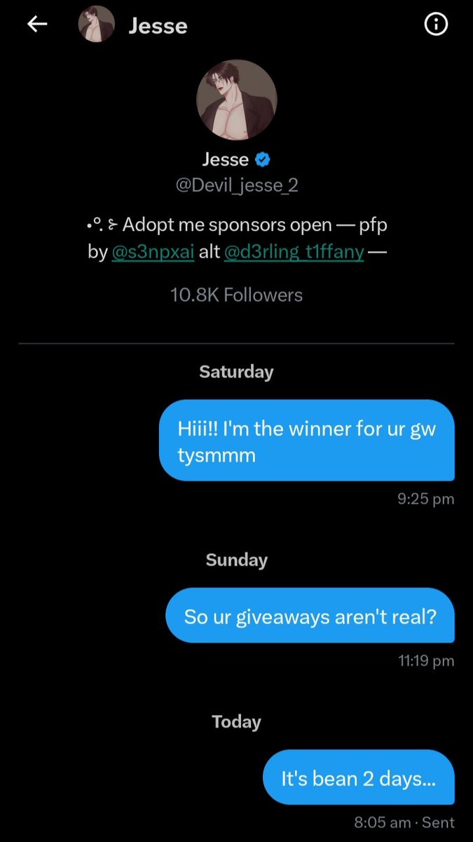 twininim's tweet photo. EXPOSING @Devil_jesse_2  
For faking a giveaway i joined his gw in my dump acc and i won but it's been days... he wasn't replying.
I also noticed the winners he/she picks are always the account that has  few followers
So if they expose him for faking only few peeps can see. https://t.co/VLeGoZBOUV