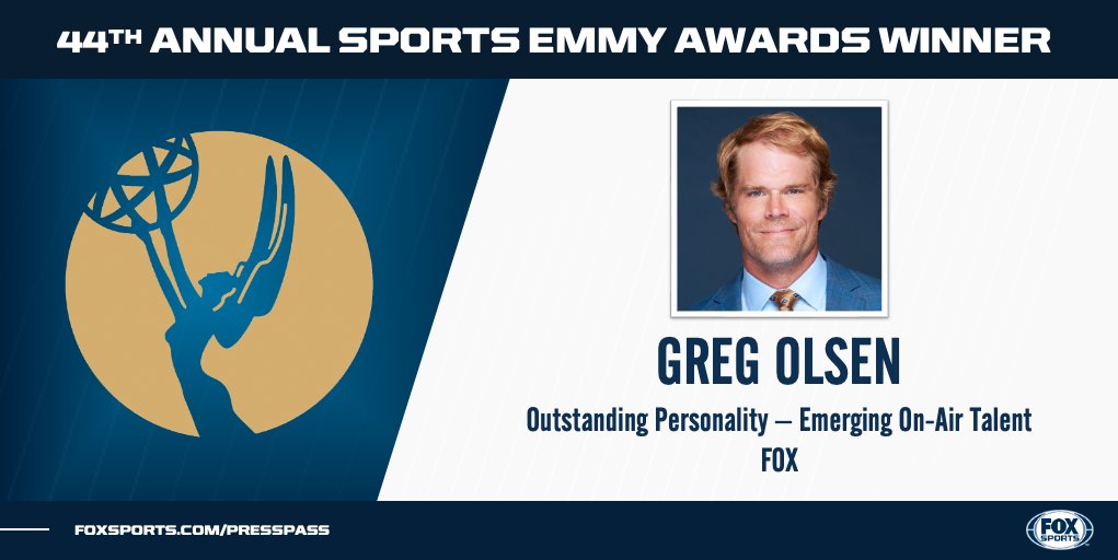 FOX Sports PR (@foxsportspr) on Twitter photo Congratulations <a href="/NFLonFOX/">FOX Sports: NFL</a> analyst <a href="/gregolsen88/">Greg Olsen</a>, recipient of the #SportsEmmys Award for Outstanding Personality ā Emerging On-Air Talent! šš Congratulations <a href="/NFLonFOX/">FOX Sports: NFL</a> analyst <a href="/gregolsen88/">Greg Olsen</a>, recipient of the #SportsEmmys Award for Outstanding Personality ā Emerging On-Air Talent! šš