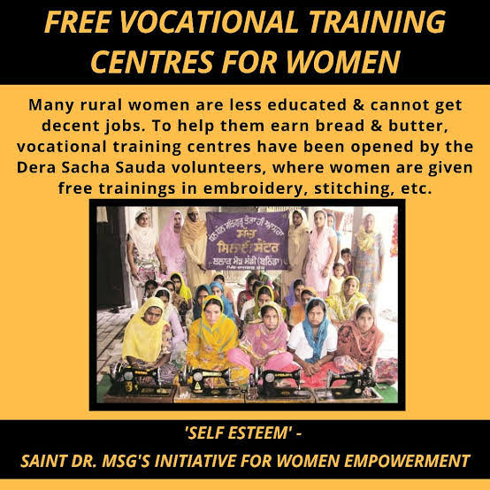 A woman is fulcrum of notonly a familybut the entiresociety,Toboost their selfesteem,Saint DrMSG paid specialattention on makingthem skillful&financialindependent,DSS has establishedatraining centres where specialexpert ladies teachthemstitching,embroidery,etc.
#BeliveInYourSelf