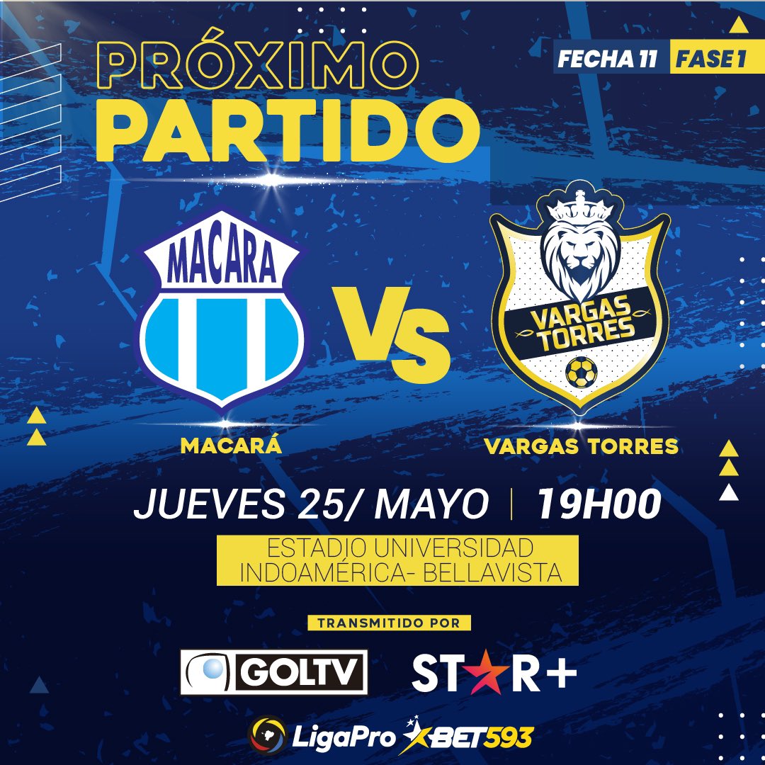 #LigaProBet593 #SerieB

#ProximoPartido

@Macara_Oficial 🆚 #ClubVargasTorres 
📆Jueves 25 de Mayo
🕢19h00
🏟️Estadio Bellavista , #Ambato

Transmisión por @ESPNEcuador y @GOLTVEcu 

#SalimosVargasTorres #ElEquipoDeEsmeraldas #LaGloriaEsDeCristo

@LigaProEC