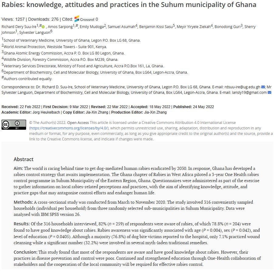 OAE_ohir's tweet photo. #Vaccination #OneHealthCollaboration
๐The article provides valuable insights into the knowledge, attitudes and practices of residents regarding #Rabies and #DogBites in the Suhum Municipality of #Ghana.
๐Read here: https://t.co/qIgWA2RVPp https://t.co/4fxhsD6Got