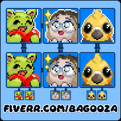 Bagooza's tweet photo. My first 3 Fiverr commissions! Thank you for much for the support guys! ❤️
These emotes were for @Calvin__Jean , macksimumstress , and @DashielTV !

#Fiverr #pixelart #ドット絵 #emotes https://t.co/GuB358zW99