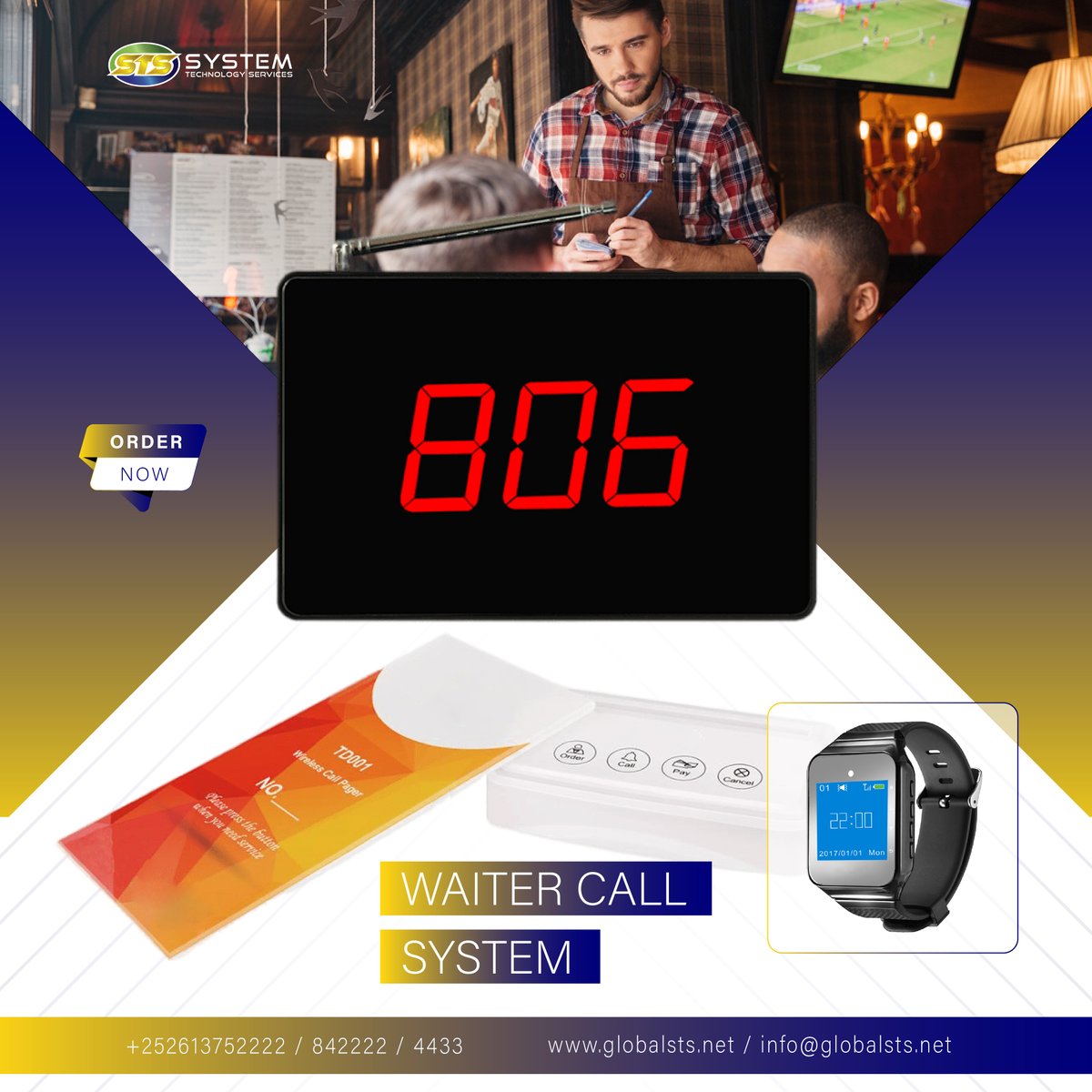 globalstsone's tweet photo. #Waiter_Call_System
Macmiil Hotelkaaga/Maqaaxidaada waxaan u heynaa Waiter Call System oo ka kooban 1. Display Board oo qofka fadhiya receiption-ka kala socon karo dalabaadka martida 2.  Table Pager Card oo ay macaamiisha callka ka sameyn karaan iyo 3. Waiter Call Watch. https://t.co/ztCh76sDmk