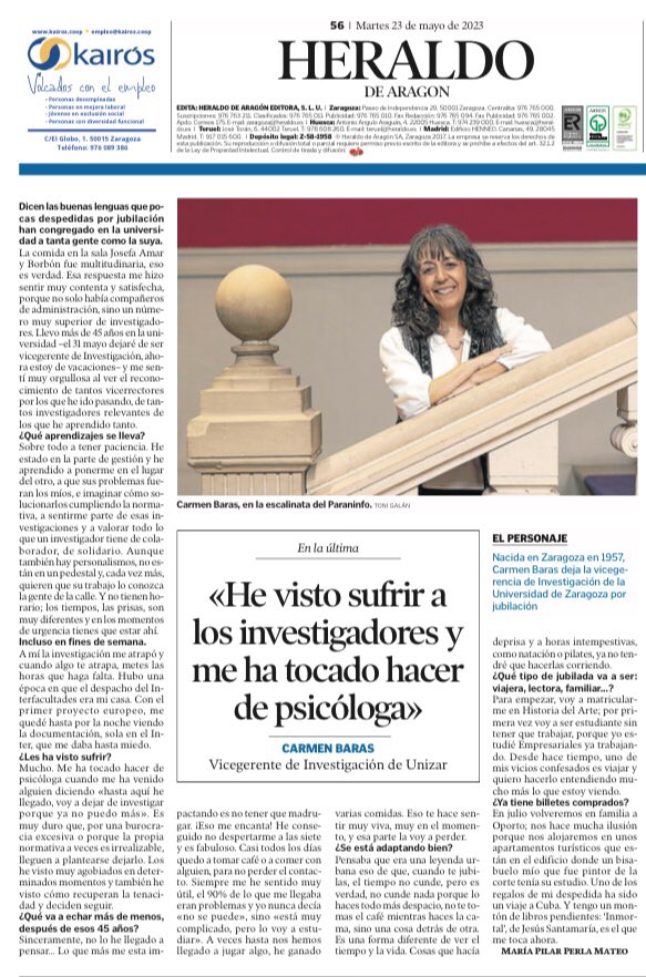 Luis Miguel García Vinuesa (@luismiunizar) on Twitter photo Que maravilla leer hoy en la contraportada de <a href="/heraldoes/">Heraldo de Aragón</a> a nuestra querida <a href="/Cbaras1/">Carmen Baras</a>, vicegerente de investigación de <a href="/unizar/">Universidad Zaragoza</a> camino de su merecida jubilación. Gracias por tanto, Carmen! Que maravilla leer hoy en la contraportada de <a href="/heraldoes/">Heraldo de Aragón</a> a nuestra querida <a href="/Cbaras1/">Carmen Baras</a>, vicegerente de investigación de <a href="/unizar/">Universidad Zaragoza</a> camino de su merecida jubilación. Gracias por tanto, Carmen!