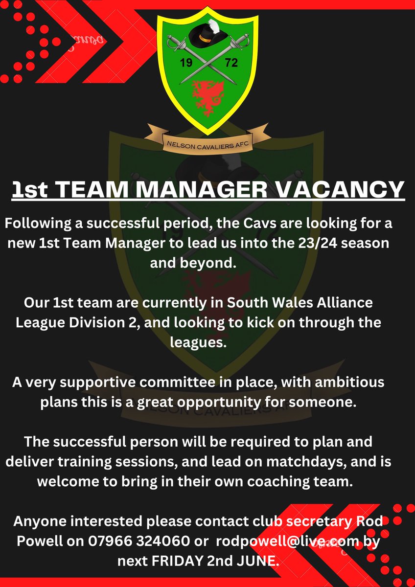 🔴⚫️⚽️1st TEAM MANAGER⚽️⚫️🔴

The Cavs are now looking for a new first team manager, all details are below ⬇️ #upthecavs 

<a href="/FAWales/">FA WALES</a> <a href="/SouthWalesFA/">South Wales FA</a> @SWALInfo <a href="/YClwbPelDroed/">Y Clwb Pêl-Droed</a> <a href="/sgorio/">Sgorio</a> <a href="/EatSleepMedia/">EatSleep Media</a> <a href="/CaerphillyObsvr/">Caerphilly Observer</a> <a href="/sport_leisure/">Sport & Leisure Caerphilly</a>