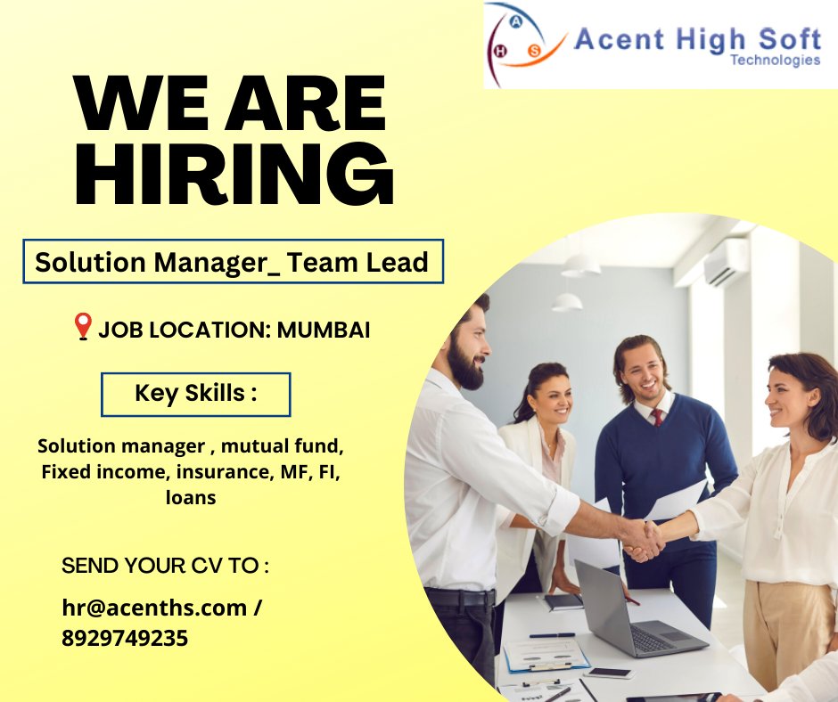 We are Hiring
Position : Solution Manager_Team Lead

Interested candidate can share their CV at hr@acenths.com or 8929749235

#hiring #hr #cv #sap #share #PrivateBank #BankJobs #jobs #jobsearch #job #bankingjobs #opportunities #BankingJobs #mumbai #jobs #privatejobs #hiring