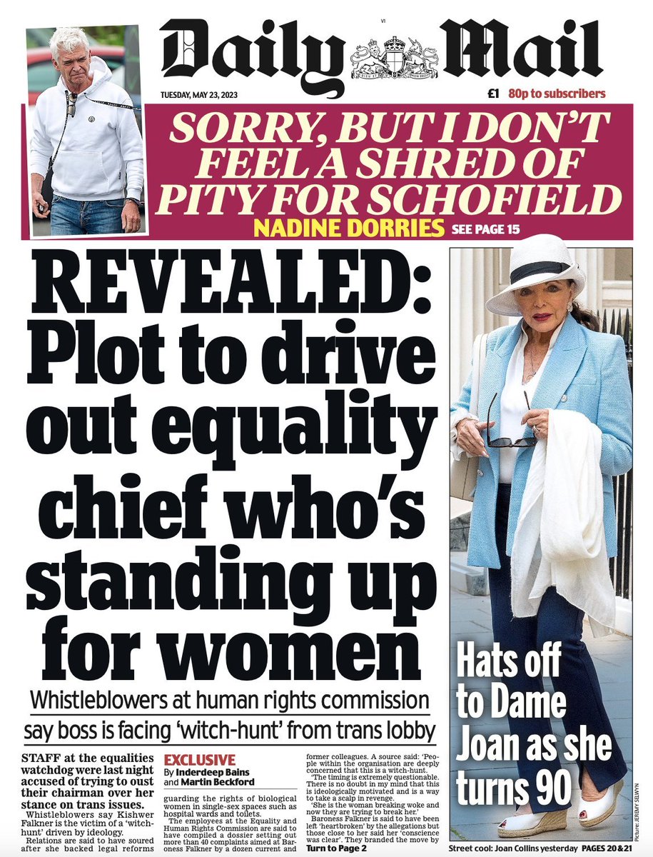 BennnyH's tweet photo. Interesting article at the Daily Mail. The actual lede is buried deep in the article, past the anti-woke crusade.

The EHRC Chair Kishwer Falkner is being investigated in an independent inquiry led by a KC for "bullying and harassment". https://t.co/iNdeZKr2ZD