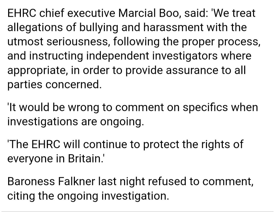 BennnyH's tweet photo. Interesting article at the Daily Mail. The actual lede is buried deep in the article, past the anti-woke crusade.

The EHRC Chair Kishwer Falkner is being investigated in an independent inquiry led by a KC for "bullying and harassment". https://t.co/iNdeZKr2ZD