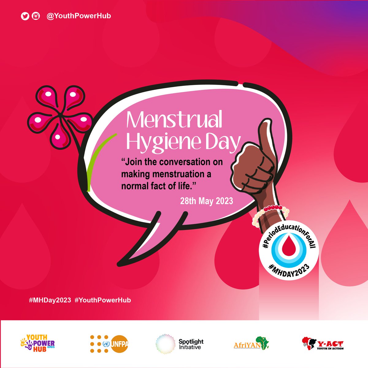 THIS WEEK: Join us as we speak up on matters #MenstrualHygieneManagement on all our social media platforms. We will conclude the week on #MHDay2023 with a regional campaign co-created by the members of #YouthPowerHub #YPH4. Tell a friend to tell a friend!
#MHMWeek