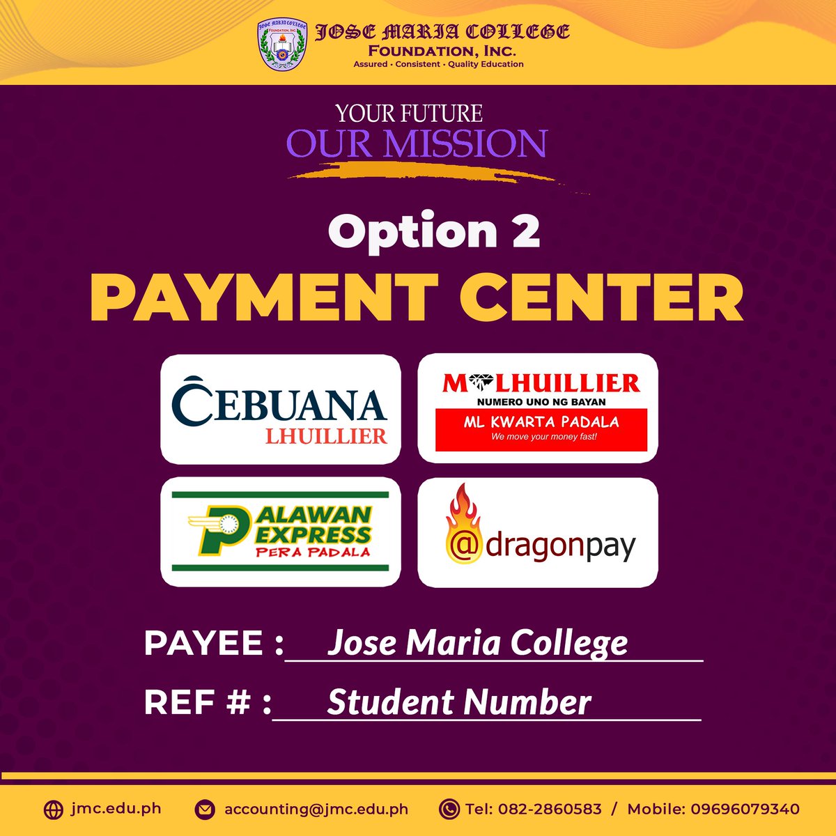 jmcedu_ph's tweet photo. Got some good news - there are more payment options for you to choose from!"
Option 1 JMC Campus over the counter
Option 2 Payment center
Option 3 Maya Payment
Option 4 Security Banck Online Payment
Step by steps
https://t.co/0GSQhlOkDn
Option 5 Security Bank over the Counter https://t.co/BGAqK8Beg1