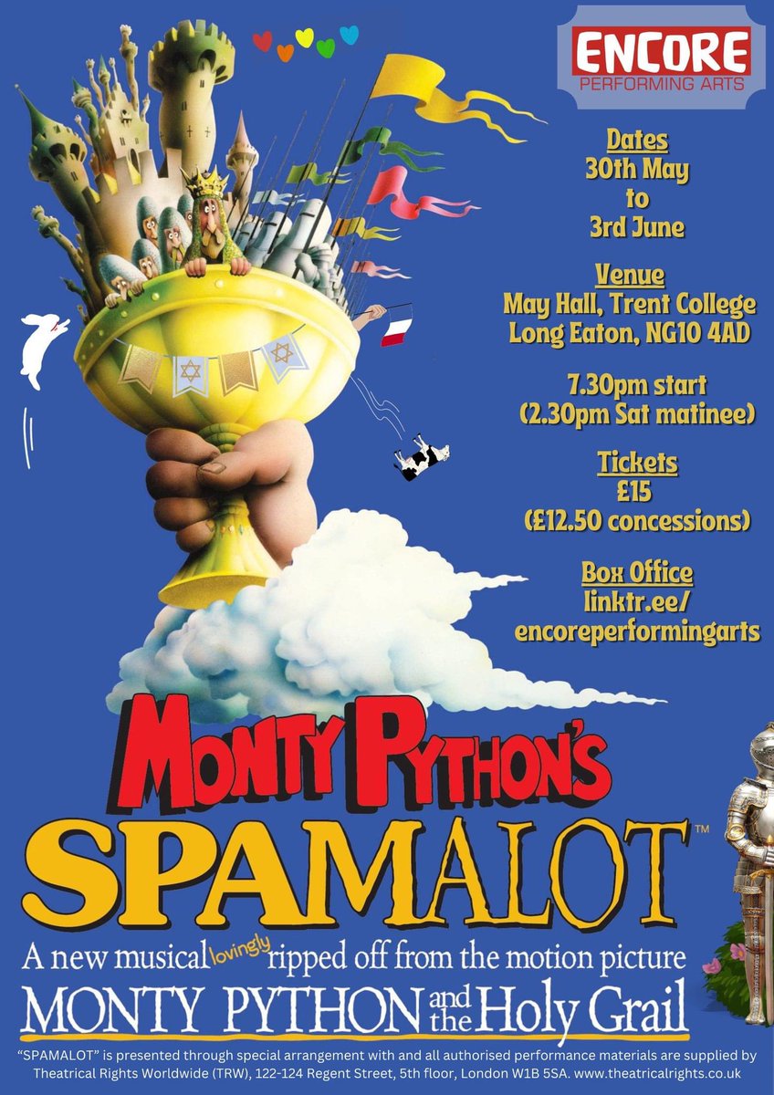 bitofbull86's tweet photo. @williamivory I’m performing in Monty Python’s Spamalot. Opens in a week: May Hall, Trent College, Long Eaton, Nottingham.
Please could this get a RT? 
Still tickets for all performances, we really need/deserve an audience for this hilarious show!
https://t.co/crdxoGCCwF https://t.co/2wv9LcaeDk