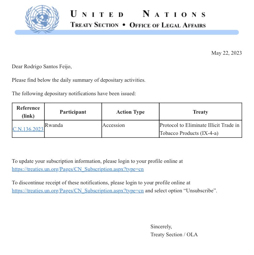 A new Party to the Protocol to Eliminate Illicit Trade in Tobacco Products. Welcome to the family Rwanda! #67andcounting
