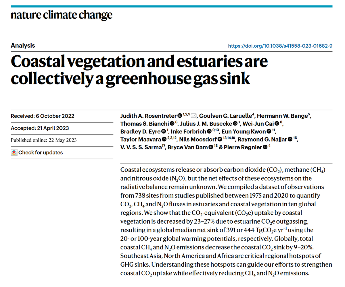 BioGeoBryce's tweet photo. Our new RECCAP2 coastal synthesis - led by @j_a_rosentreter - shows estuaries &amp; coastal vegetated habitats are a🌍net sink for GHGs (CO2+N2O+CH4). Some key points 🧵(1/3):
https://t.co/v1ltGSO6zh https://t.co/KmuKOqENW0