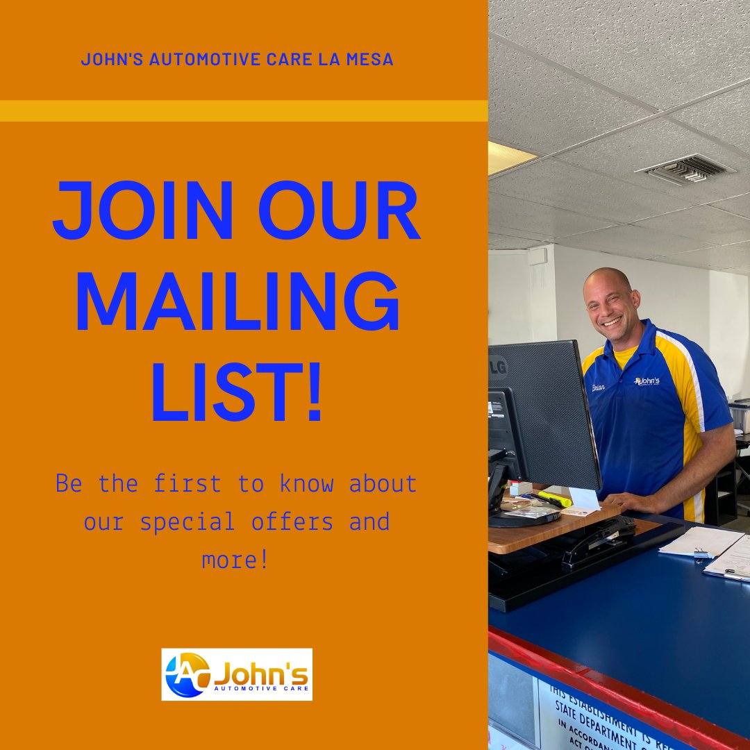 💰🚘 Save big on your next service! Sign up for John's Automotive Care in La Mesa's exclusive mailing list and receive amazing discounts and offers. Don't miss out! 
.
.
.
#LaMesa #JohnsAutomotiveCare #CarSavings
