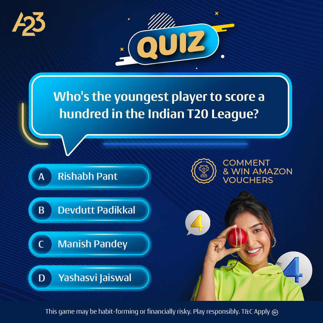 #ContestAlert📣 Ready to put your 🏏 knowledge to the test? Answer right, answer quick 👀

Lucky winners to get Amazon gift vouchers 🤩🎟

Follow us, use #ChaloSaathKhelein and ask your friends to join🌟

#A23 | #CricketQuiz | #IndianT20League | #PlayResponsibly