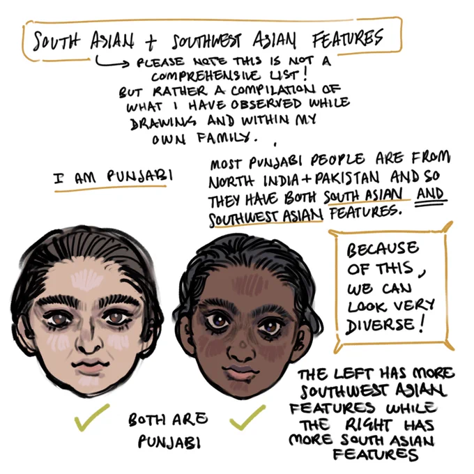 Updated my lil guide on how I draw South Asian + Southwest Asian features with more inclusive language 🧡 