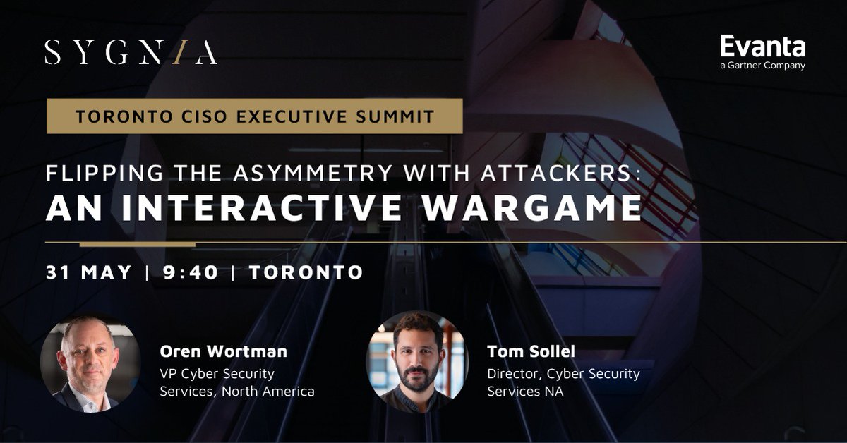 sygnia_labs's tweet photo. Attending @Evanta Toronto CISO summit?

Join Oren Wortman and Tom Sollel in an interactive cyberattack simulation, based on a true story.

*Pre-registration is required.

Sign up here: https://t.co/iI2aTqghoY

#CISOSummit #evantaciso #cybersecurity #wargame #cyberattack #Toronto https://t.co/hS6Af1gIhQ