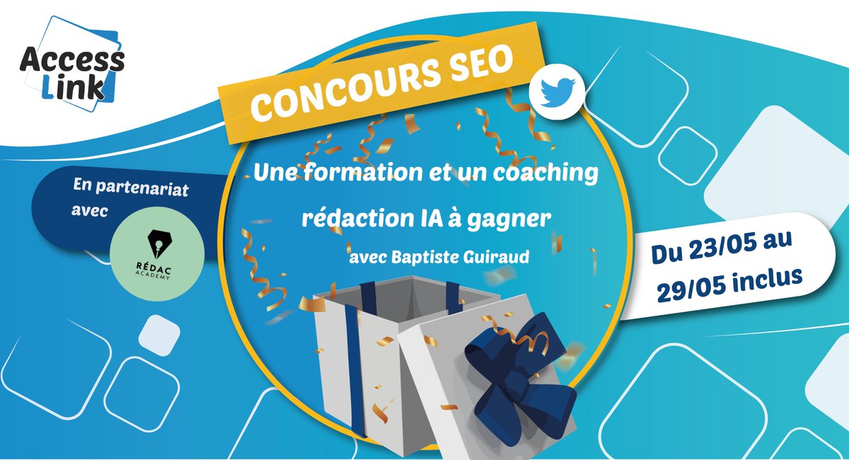 access_link's tweet photo. 📣 CONCOURS

👉 Un coaching #IA avec Baptiste Guiraud à gagner (valeur de 197 € TTC)

Apprenez à exploiter l’intelligence artificielle pour faire décoller votre business en ligne !

RT et follow @access_link et @tistou80 pour participer

🍀 Deux gagnants - TAS mardi 30 mai

#SEO https://t.co/biEVzuCylh