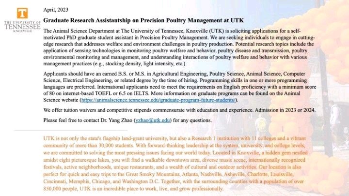 Graduate Research Assistantship available in the Animal Science Department at the University  of Tennessee, Knoxville.

👇👇