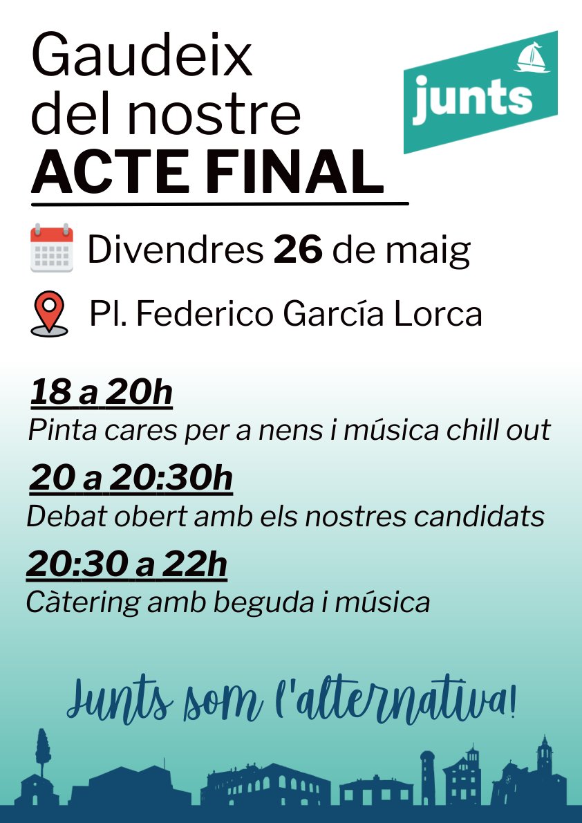 📅Divendres 26 de maig
📍Plaça Federico García Lorca:

Què farem?
➡️18 a 20h - Pinta cares per a nens i música chill out.
➡️20 a 20:30h - Debat obert amb els nostres candidats.
➡️20:30h a 22h - Càtering amb beguda i música.

Junts som l'alternativa!