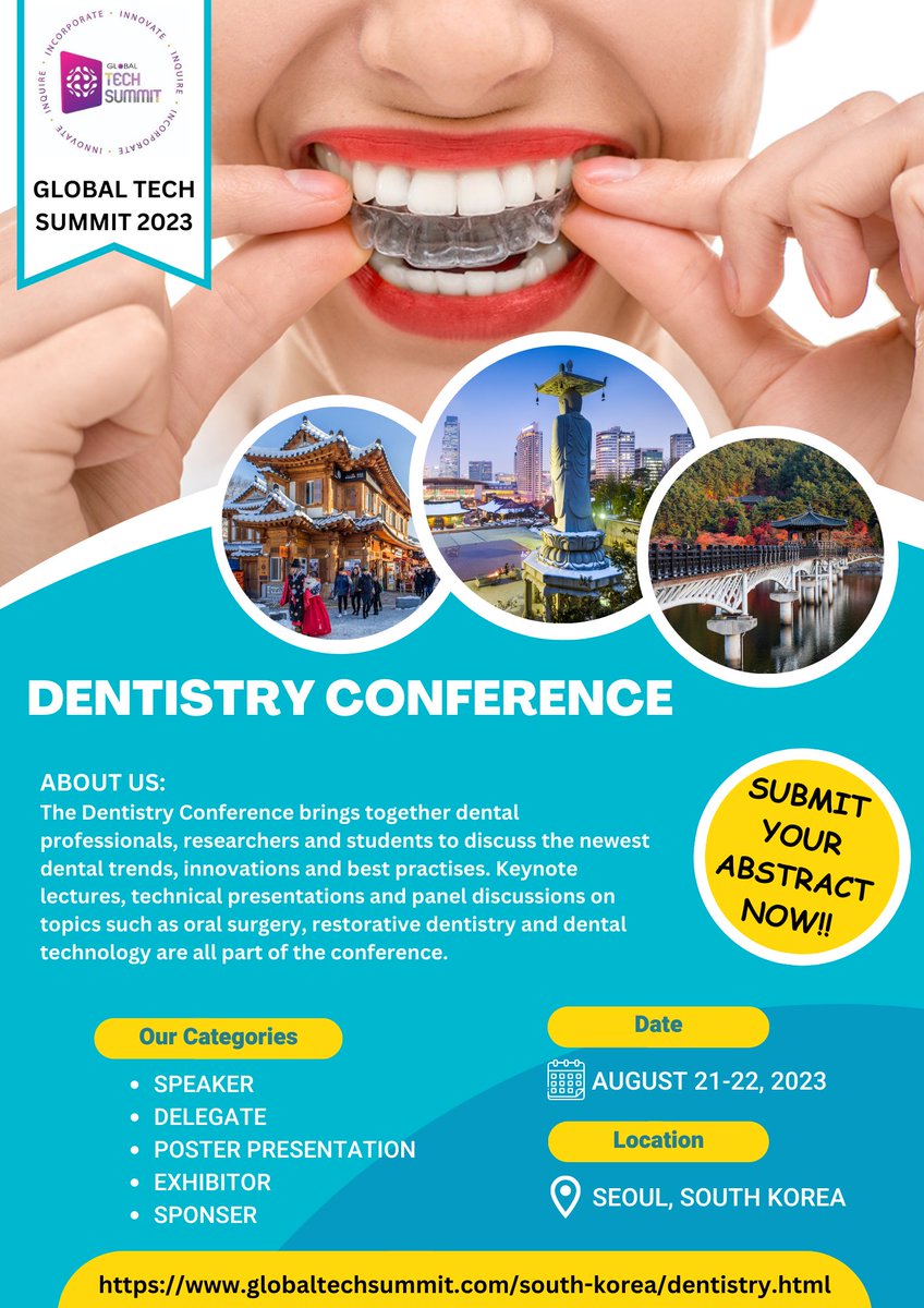 2023Sleep68622's tweet photo. Don't miss out on the opportunity to connect with top executives and professionals in the healthcare industry.
#Submit_your_abstract &amp; #Register_now for the Global Dentistry Tech Summit 2023 &amp; join us for a dynamic and informative event.
#GlobalTechSummit #healthcare #dentalcare https://t.co/gEFpXRivWv