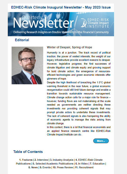 EDHECRisk's tweet photo. 📰Modeling climate risks - Supporting climate action – we are pleased to share with you our inaugural newsletter!
Emphasis is made on the Institute’s main research orientation in the context of the #climateemergency
Access all articles https://t.co/2vtLMT26CU
#PositiveExcellence https://t.co/phNcwdoTjM