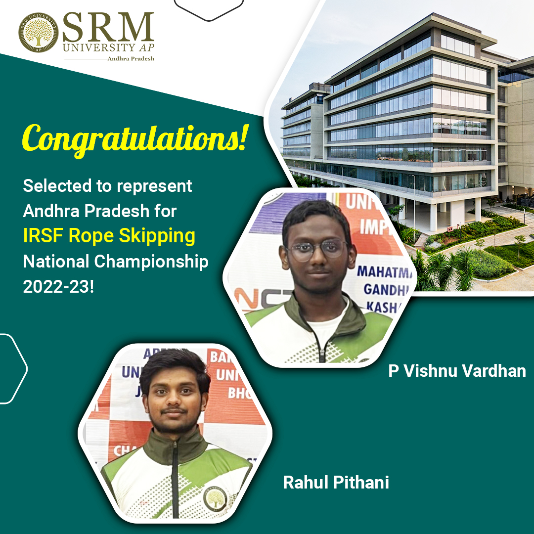 Congratulations to P Vishnu Vardhan and Rahul Pithani for being selected to represent Andhra Pradesh in the IRSF Rope Skipping National Championship 2022-23 that is being held at the JES School & College, Mumbai between June 3 and 5, 2023.

#ropeskipping #sports #SRMAP #SRMUAP