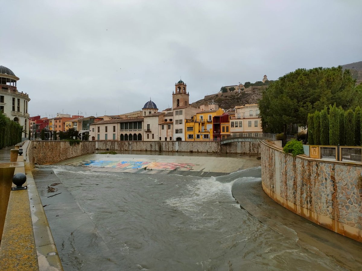 💧 El #RíoSegura a su paso por #Orihuela hoy a las 9:30 h con un caudal ordinario, tras las primeras horas de #lluvia.
