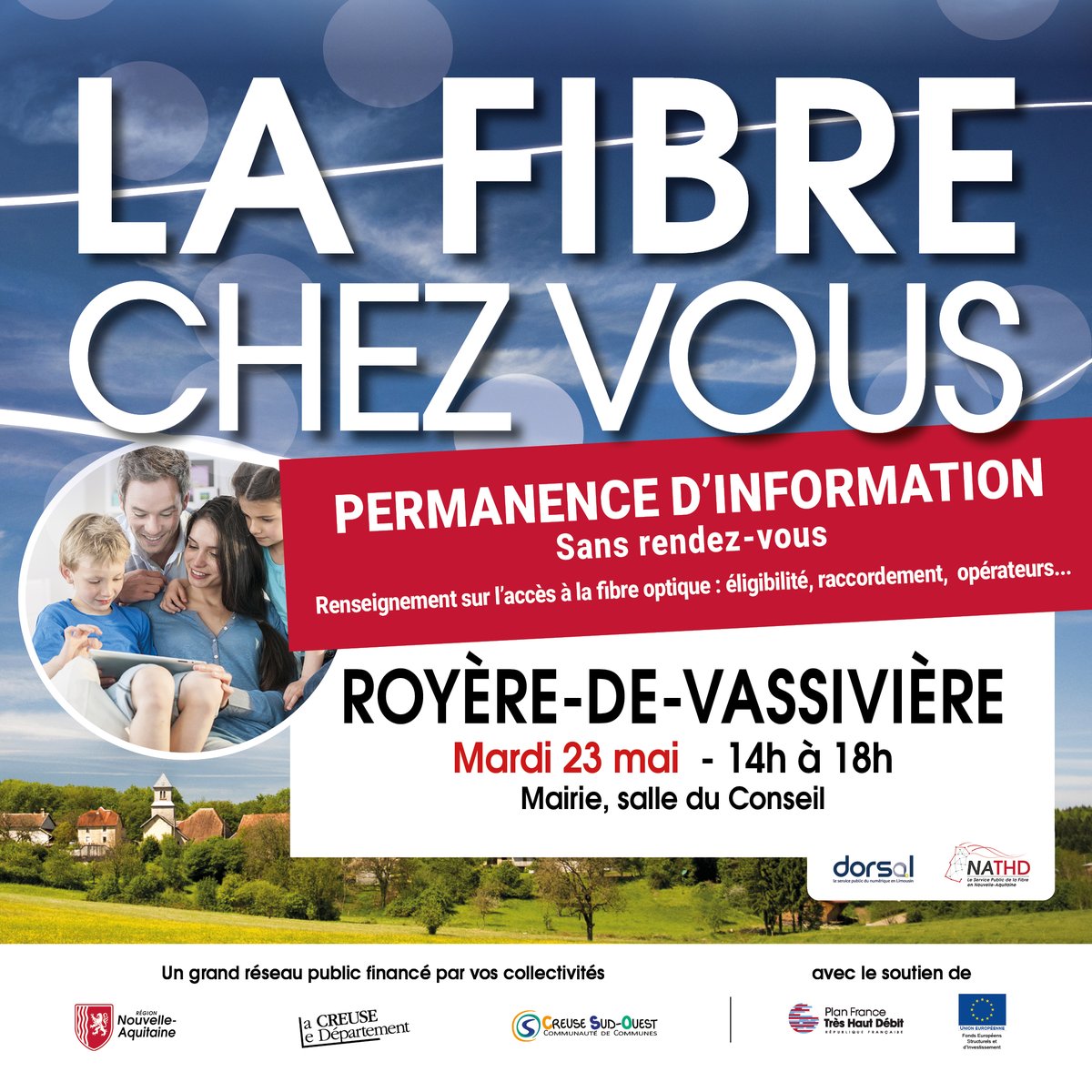 CE JOUR ! Le Service public de la Fibre est en CREUSE
<a href="/Departement_23/">Département Creuse</a>, Communautés de communes #CreuseSudOuest. Nos équipes vous renseignent sur votre accès à la fibre optique.  Test d'éligibilité : nathd.fr/eligibilite/
<a href="/DORSAL_Syndicat/">Syndicat mixte DORSAL</a>
<a href="/FibreNouvAquit/">LA FIBRE NOUVELLE-AQUITAINE</a>