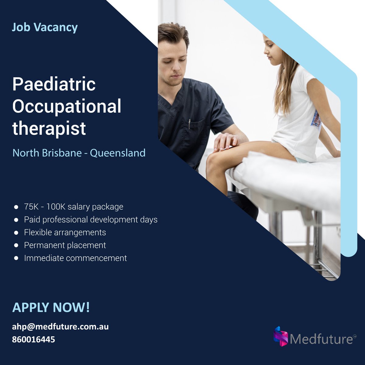 Paediatric Occupational Therapist vacancies are available in North Brisbane, QLD. Discover the latest healthcare professional job vacancies in Australia and New Zealand when you subscribe with Medfuture.
#Northbrisbane  #Australia #AUJobs #Queensland  #OccupationalTherapist