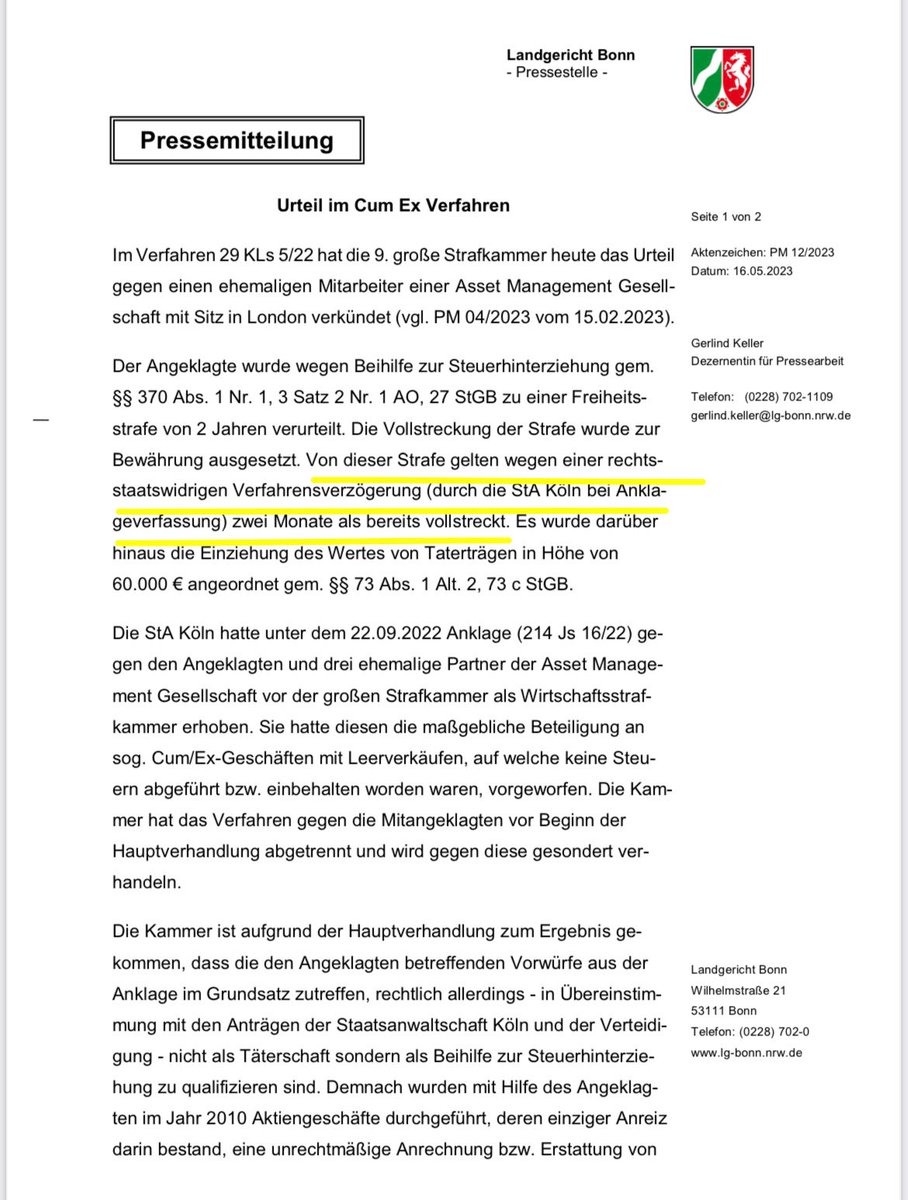"Rechtsstaatswidrige Verfahrensverzögerung": Es ist nur eine Randnotiz im jüngsten #CumEx-Urteil des Landgerichts Bonn gegen einen #Kronzeugen einer Londoner Asset-Firma. Und dennoch könnte dies ein Fingerzeig für unzählige weitere Verfahren im größten dt. #Steuerskandal sein..