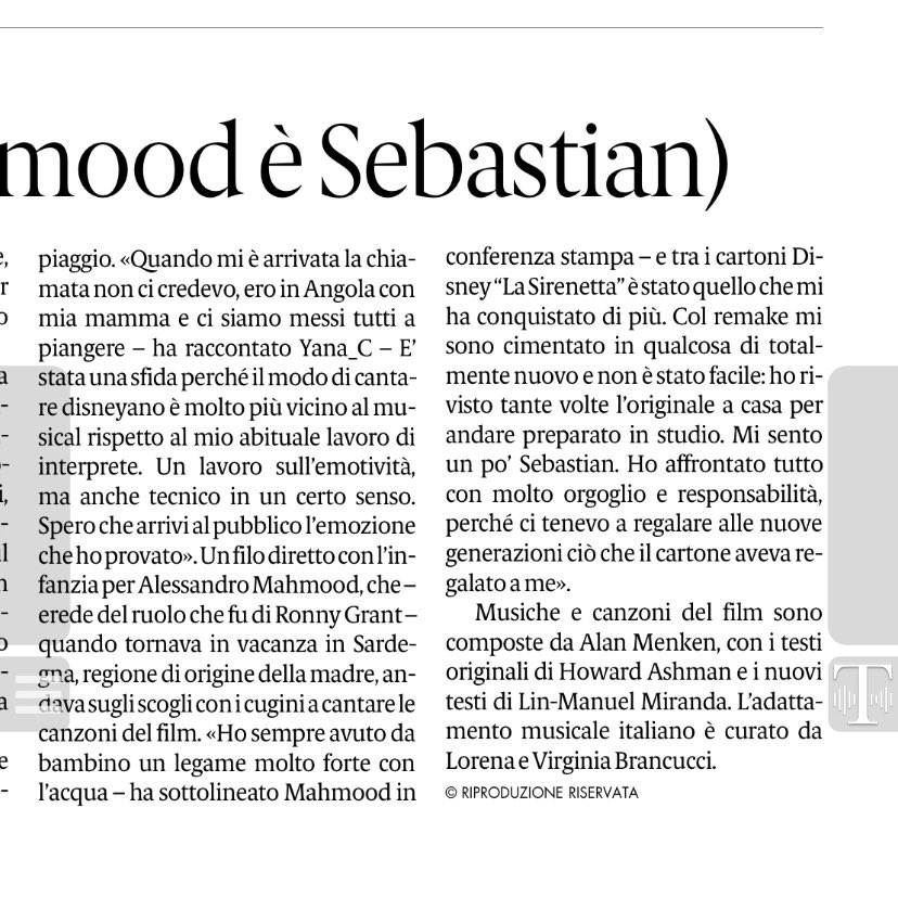 Il mio pezzo dalla conferenza stampa coi doppiatori de #LaSirenetta con <a href="/Mahmood_Music/">Mahmood</a>, Yana_C e Simona Patitucci. (@GazzettaDelSud di oggi)