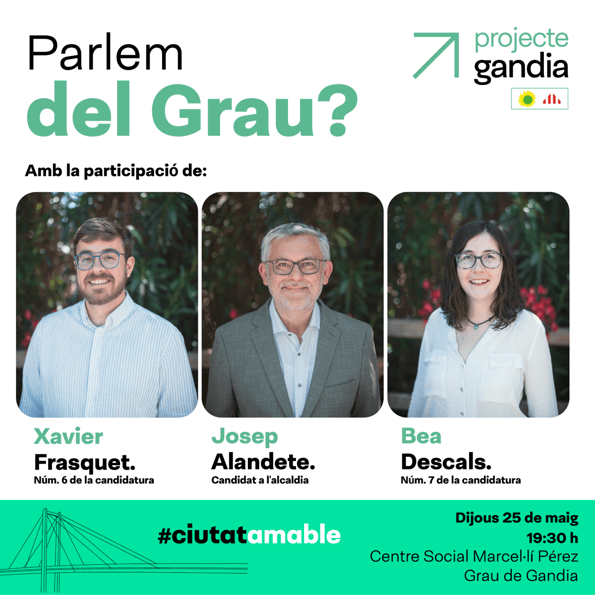 Projecte Gandia (@projectegandia) on Twitter photo Parlem del Grau? 💜💚
El dijous 25 de maig estarem al Centre Social Marcel·lí Pérez per conversar al voltant de les necessitats del Grau.
🗣 Comptarem amb la participació del nostre candidat a l'alcaldia, <a href="/pepalandete/">Josep Alandete</a>, i els grauers Xavi Frasquet i Bea Descals.
T'esperem! Parlem del Grau? 💜💚
El dijous 25 de maig estarem al Centre Social Marcel·lí Pérez per conversar al voltant de les necessitats del Grau.
🗣 Comptarem amb la participació del nostre candidat a l'alcaldia, <a href="/pepalandete/">Josep Alandete</a>, i els grauers Xavi Frasquet i Bea Descals.
T'esperem!