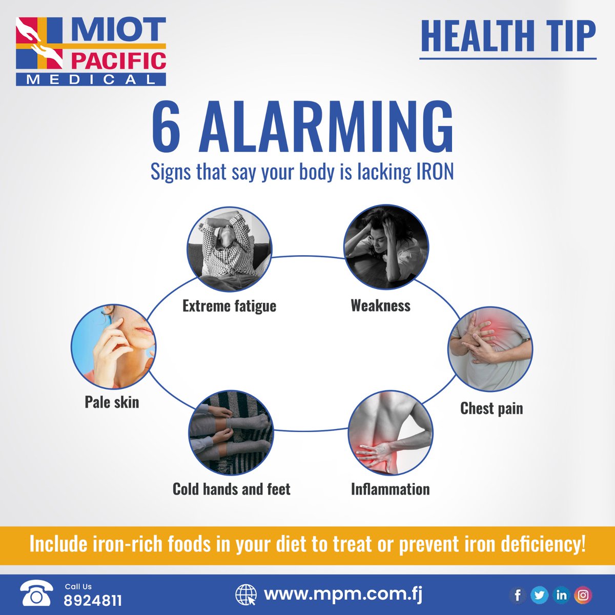 Low levels of iron can indicate that you might have iron-deficiency anemia.
Seek medical advice from our experienced doctors at 8924811, or book at mpm.com.fj
#Healthcheckup #Healthtip #Health #Healthtipoftheday #healthplan #healthcare #iron #MIOTPacificMedical