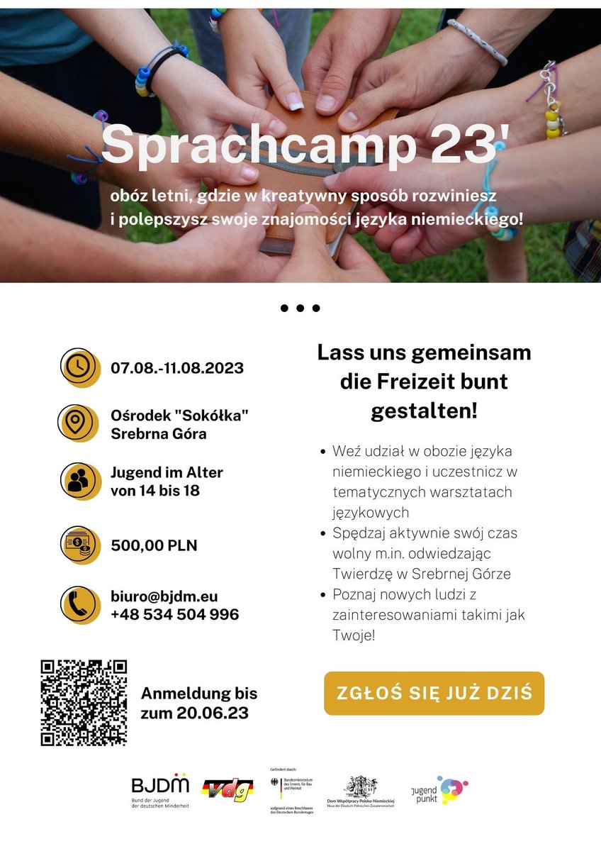 BJDMZMMN's tweet photo. Wir laden Jugendliche im Alter von 14 bis 18 Jahren zu zwei Sprachcamps im #Sommer in #Silberberg ein!

#SprachCamp 17-21.07.2023:
https://t.co/R9XCyy83tE

#SprachCamp 07-11.08.2023:
https://t.co/ejkX7WPctl

#BJDM #ZMMN #DeutscheMinderheit #MniejszoscNiemiecka https://t.co/lPZuIdTeEP