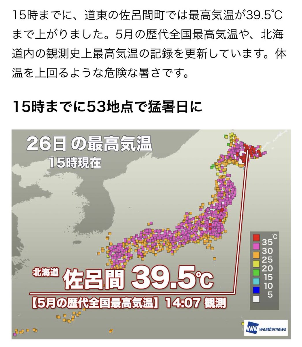 知っていますか? 5月の北海道は雪も降るし気温も40度近くに上がることがあります...  5月の日本国内の最高気温は2019年5月26日に北海道佐呂間町で観測された39.5度🥵 5月の国内最低気温も富士山を除いては北海道沼川の観測点で-8.1度を記録してます🥶  この季節の北海道はマジで勘弁