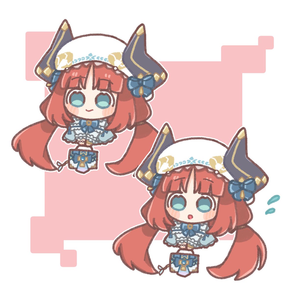 nilou (genshin impact) 1girl twintails chibi multiple views horns long hair low twintails  illustration images