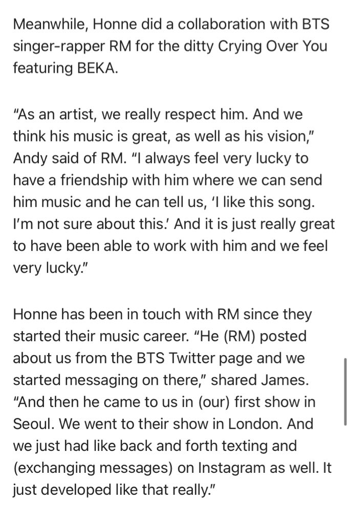 KNJsSource's tweet photo. 📰 HONNE about #RM to PhilStar:

“As an artist, we really respect him. And we think his music is great, as well as his vision. I always feel very lucky to have a friendship with him where we can send him music and he can tell us, ‘I like this song. I’m not sure about this.’ (…)” https://t.co/8LU6YBtX5j