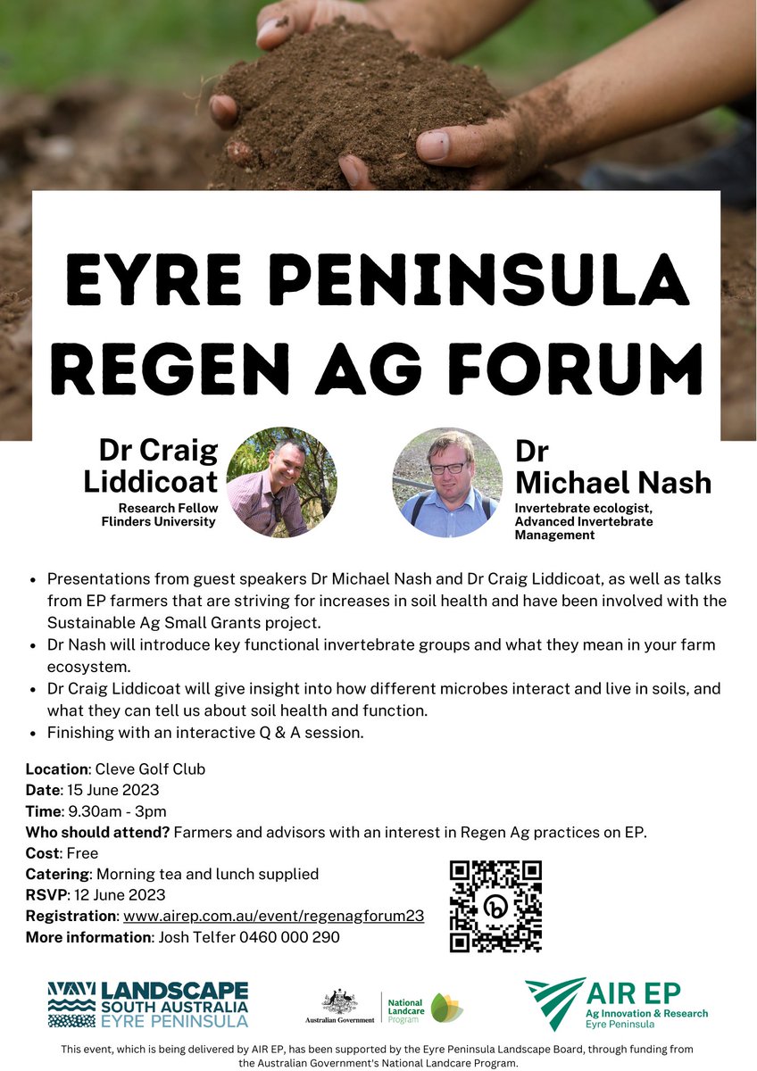 ag_eyre's tweet photo. NEW EVENT
Eyre Peninsula Regen Ag Forum 2023
📆15 June
⌚9.30 - 3pm
📍Cleve Golf Club
Registrations essential https://t.co/SJYMPHoqhK
@EPLandscapeSA @AusLandcare #regenag #lowrainfall https://t.co/GH4nTQ6pNq