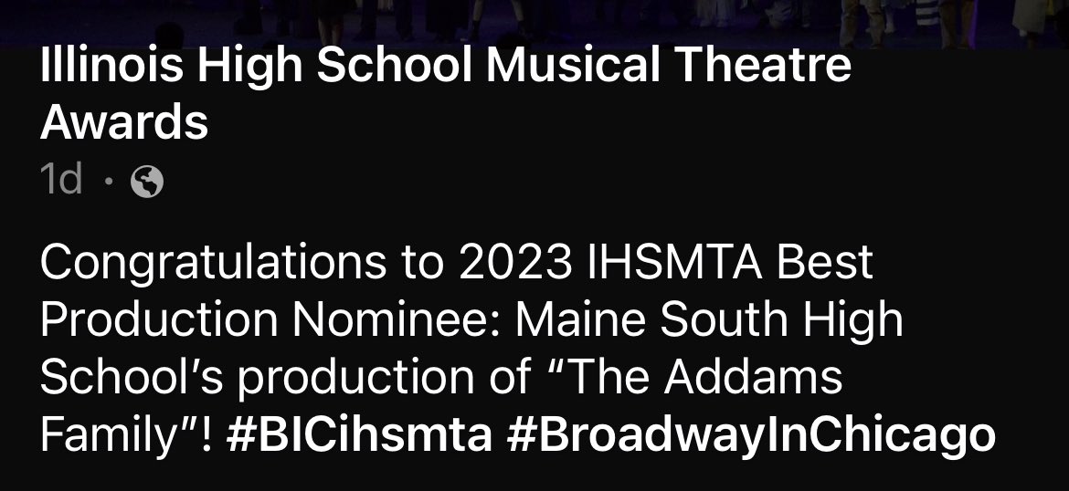 I couldn’t be more proud to announce that “The Addams Family” was awarded “Best Production” by IHSMTA tonight!! Wow, wow!! Congratulations to the entire production team and talented students! Bravo! <a href="/Maine_207/">Maine Township High School District 207</a> <a href="/Maine_South/">Maine South HS</a> <a href="/MSHawkPride/">MS Hawk Pride</a>